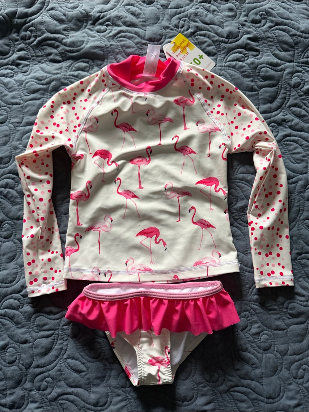 Girls Flamingo Long-Sleeve Rash Guard Swim Set - Pink